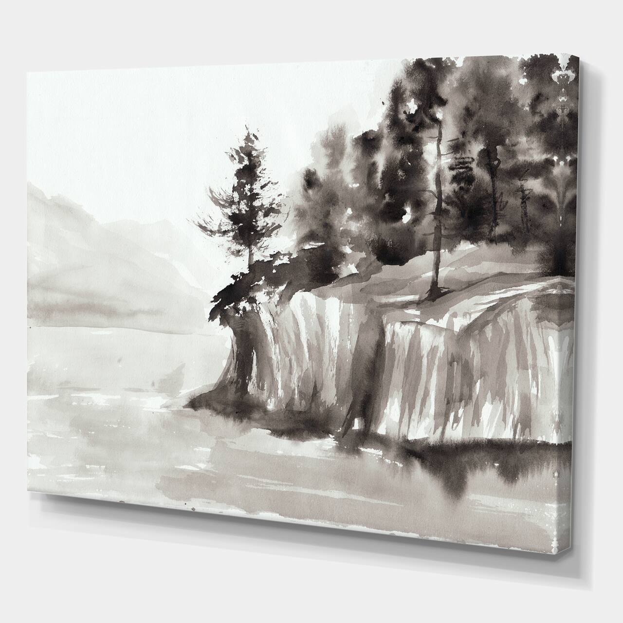 Designart - Monochrome Cliffs By The Lake - Nautical & Coastal Canvas Wall Art Print